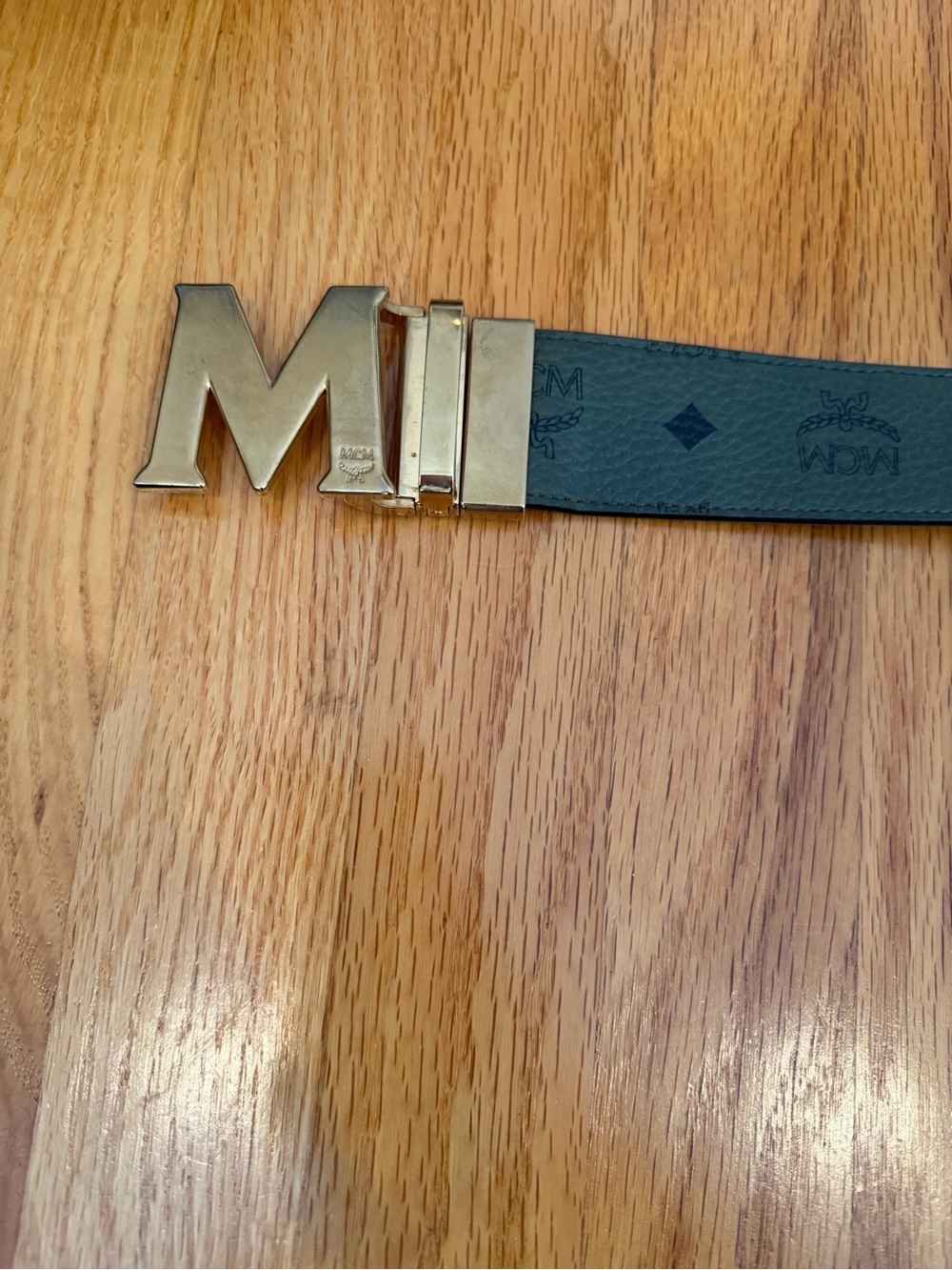 MCM Men's Dark Green Monogram Leather Belt with Gold M Buckle
